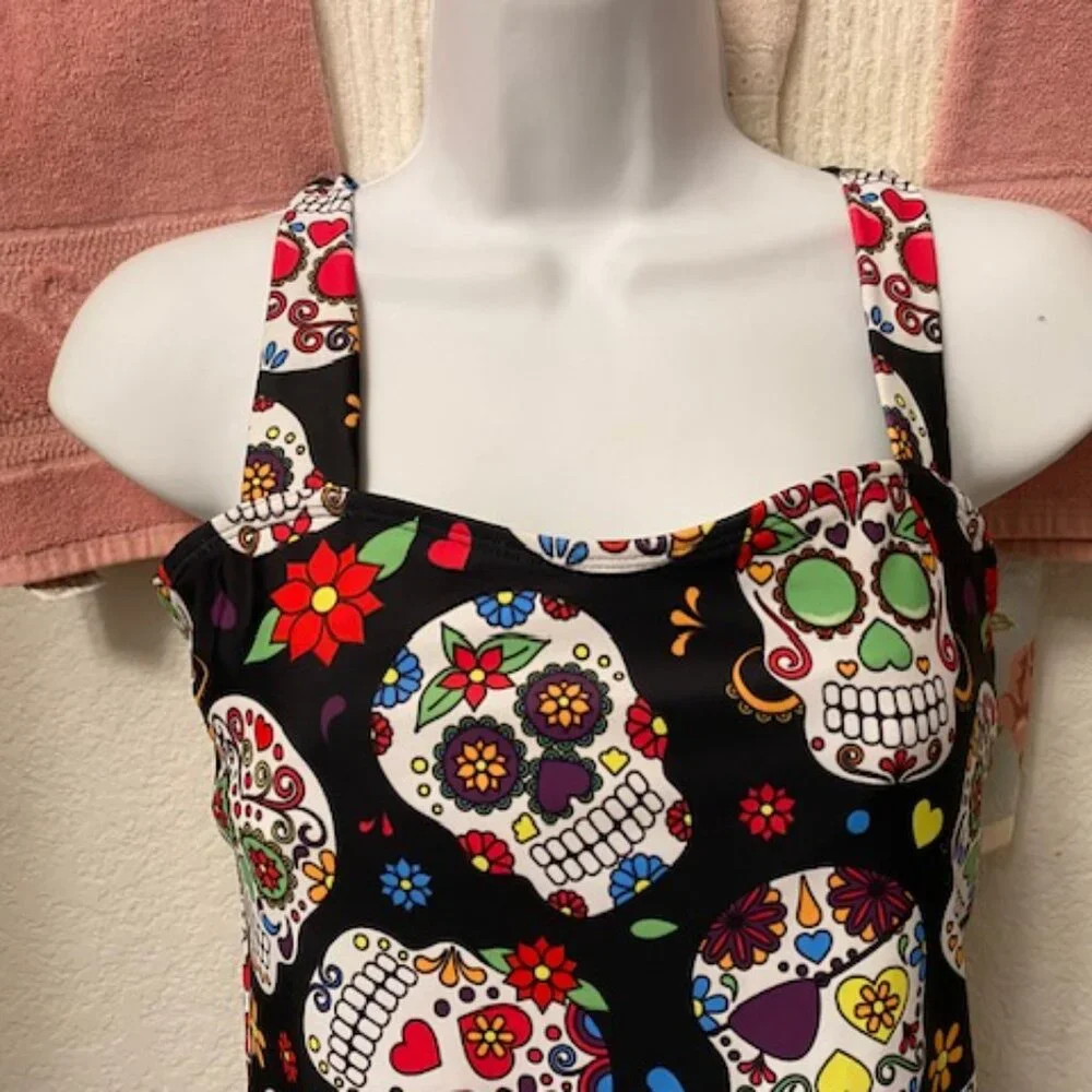 SUGAR SKULL Black Skulls & Flowers DAY OF DEAD Full Coverage TANKINI Swimsuit S - Picture 3 of 11